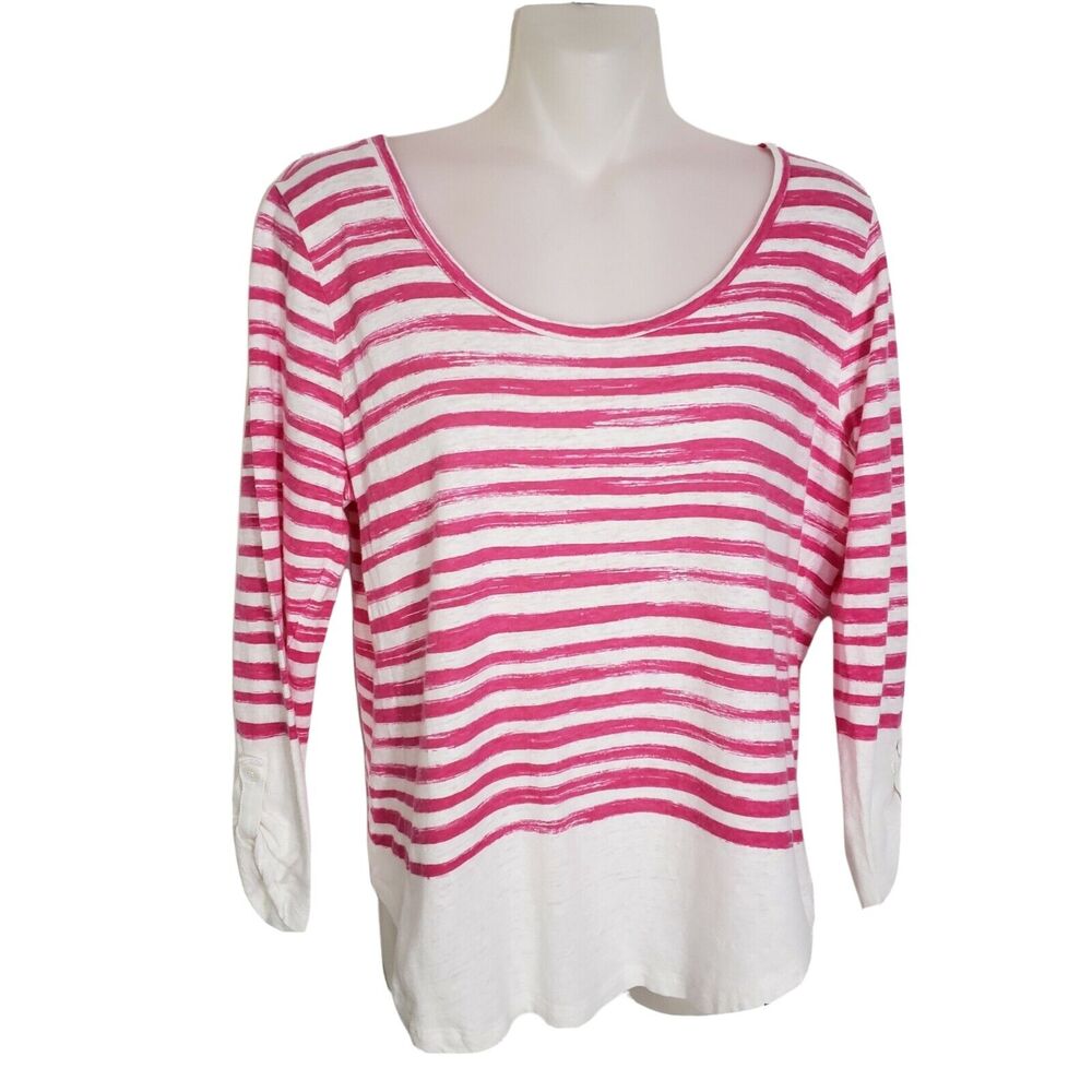 Talbots Womens Top Size Medium Pink White Striped Linen Blend 3/4 Tab Sleeves